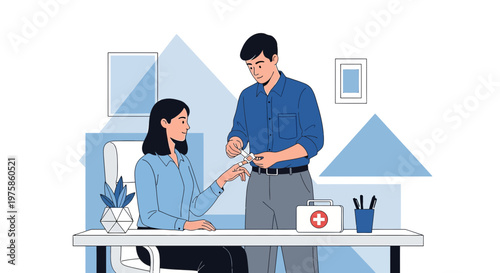 Doctor Applying Bandage to Patient's Finger in Office, First Aid Kit Nearby