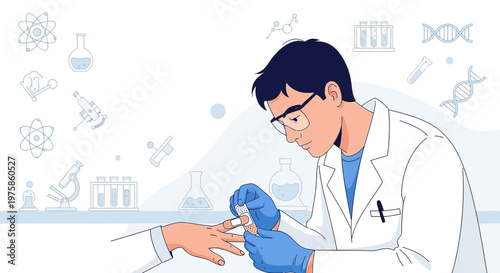 Doctor applying bandage to patient's finger in laboratory setting with scientific icons