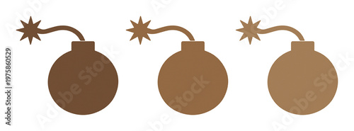 Minimalist bomb icons with burning fuse, brown spherical explosive symbols in three shades, flat vector set for gaming and danger concepts