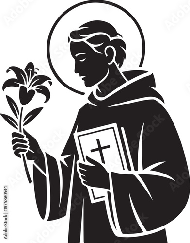 Saint Anthony holding lily and bible with cross symbol