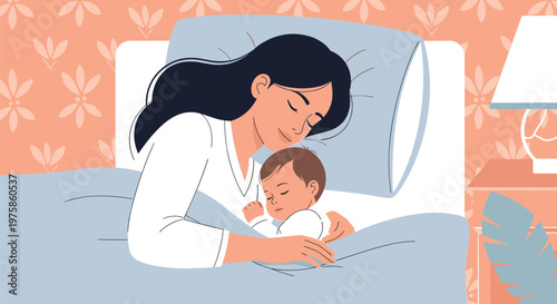 Beautiful mother and her baby sleeping peacefully together in a soft bed under a warm blanket in a quiet bedroom.