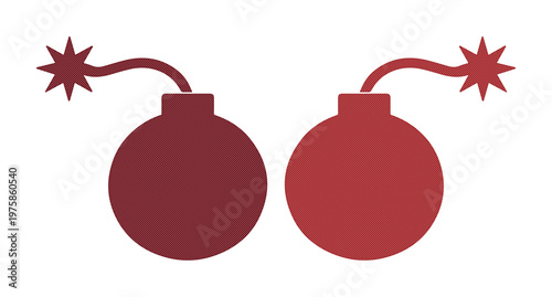 Minimalist red bomb icons with lit fuses, flat vector explosive symbols for gaming and warning signs, set of two round bomb illustrations