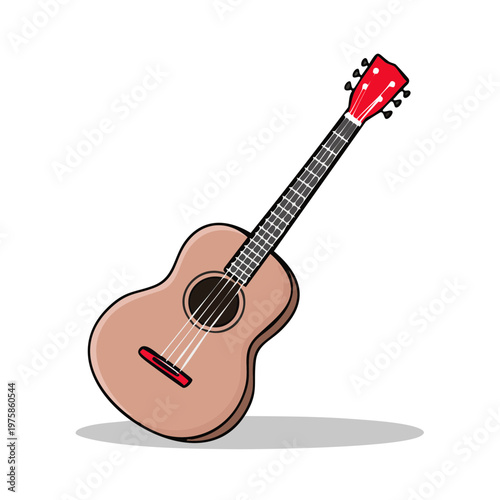 Acoustic guitar with red headstock and tan body tilted on a white background
