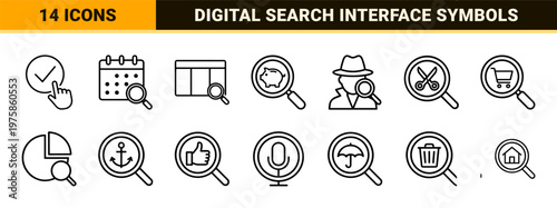 Data analysis and search engine optimization outline icons with magnifying glass