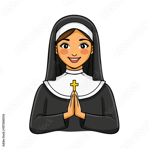 Smiling nun with hands clasped and a cross symbol on her habit