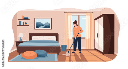Diligent woman mopping the wooden floor in a well-organized bedroom with a bed, wardrobe, and framed mountain artwork.