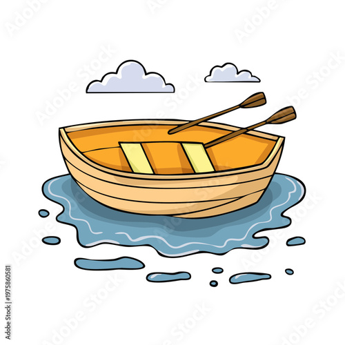 Cartoon rowboat with oars floating on stylized rippling blue water with fluffy clouds above