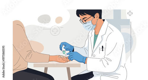 Doctor applying bandage to patient's hand after medical procedure