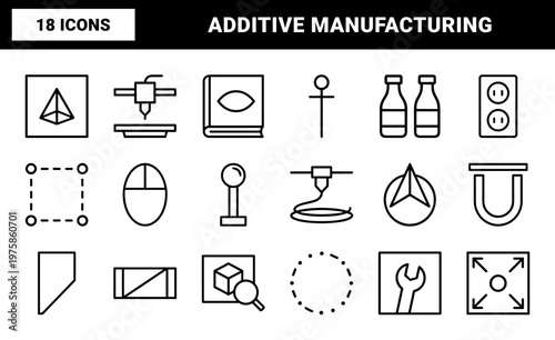Minimalist 3d printing and additive manufacturing line icon set