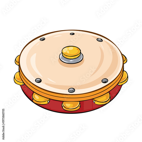 Illustration of a colorful tambourine with jingles and a central striking surface