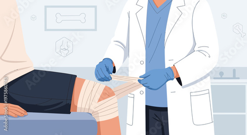 Doctor Applying Bandage to Patient's Injured Knee in Medical Office