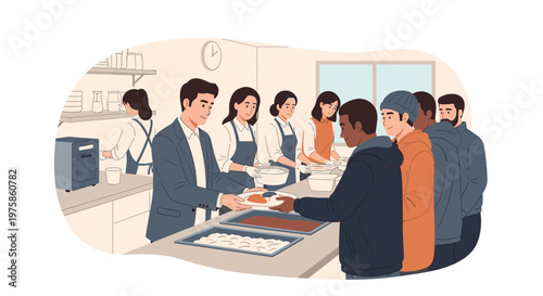 Generous volunteers serving hot meals to people in a community cafeteria or charity kitchen with kindness and care.