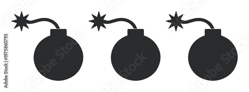 Minimalist black bomb icons with burning fuses, set of three round explosive silhouettes, flat vector weapon symbols for gaming and UI design