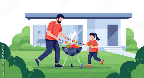Father and his young daughter enjoying a backyard barbecue while grilling skewers of food outside their modern home.