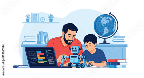 Father and son working together to build and program a small robot using a laptop and various tools at a workspace.