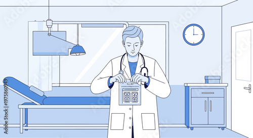 Doctor applying wound dressing in examination room
