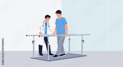 Doctor assisting patient in physical therapy with parallel bars for rehabilitation and recovery