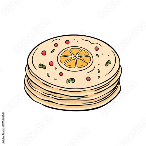 Stack of round flatbreads with lemon slice and herbs garnish