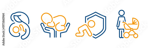 baby icons, set icon of newborn in caring hands, mother with child, kid and shield, baby stroller, line vectors on white