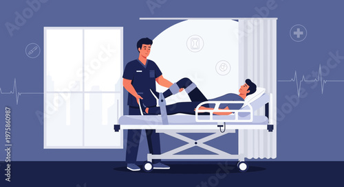 Doctor Assists Patient in Hospital Bed with Leg Rehabilitation Exercises