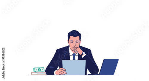 Thoughtful businessman sitting at his desk with a laptop and considering financial decisions or future business plans.