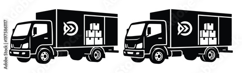 Black delivery truck vector icons, commercial cargo van with cardboard boxes, logistics transport vehicle set for shipping and moving services