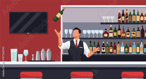 Skillful bartender performing a bottle juggling trick while working behind a well-stocked bar with many different drinks.