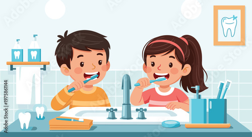 Young boy and girl brushing their teeth together in a bright bathroom to maintain good dental hygiene and health.