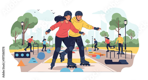 Group of people enjoying outdoor exercise while roller skating along a path in a beautiful urban park during the day.