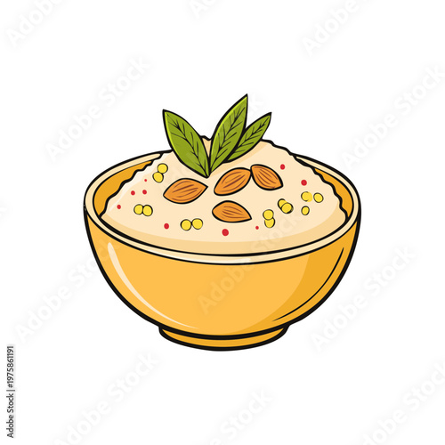 Healthy bowl of oatmeal with almonds and fresh green mint leaves for breakfast