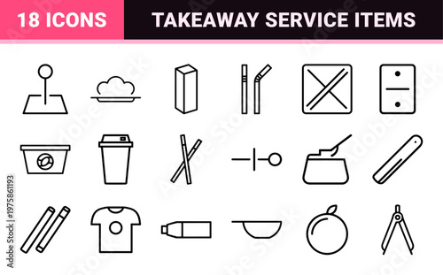 Disposable food packaging and tableware minimalist line icon set
