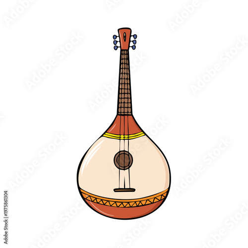 Traditional stringed musical instrument with a pear shaped body and intricate decorative patterns