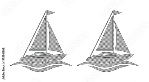 Minimalist sailboat vector icons, grey sailing yacht silhouettes on ocean waves, nautical marine travel symbols for luxury regatta branding