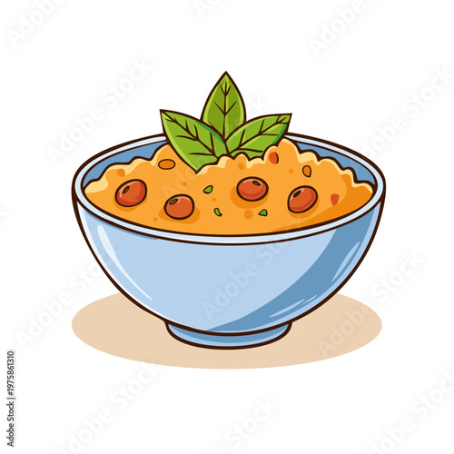 Delicious cartoon bowl of savory porridge with fresh green basil leaves and red berries