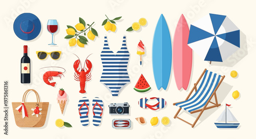 Flat lay vector illustration of various summer beach vacation essentials and holiday items, perfectly arranged on a light background.