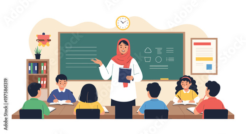 Female teacher wearing a hijab and speaking to her students in a classroom with a chalkboard and educational posters.