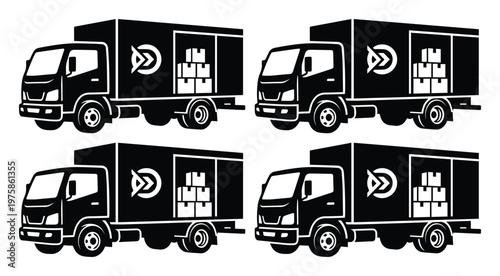 Black delivery truck icons set, commercial cargo van vector illustration, 4 shipping vehicle silhouettes with boxes for logistics and transport