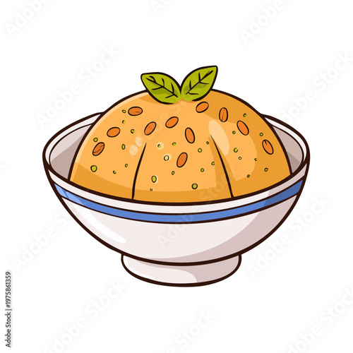 Cartoon bowl of savory grain pilaf with nuts and mint garnish