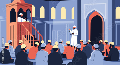 Group of men sitting on a carpeted floor in a mosque and listening to a religious sermon from a speaker on a pulpit.