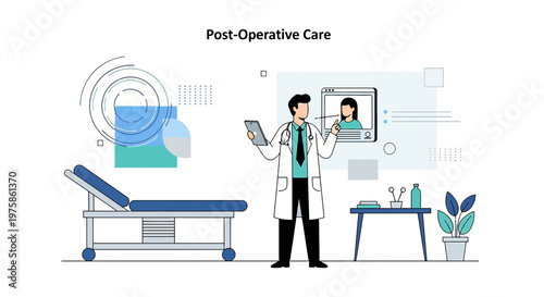 Doctor consulting patient remotely on post-operative care via video call in clinic