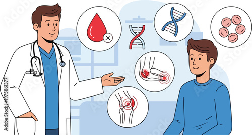 Doctor explains medical conditions to patient in clinic setting.
