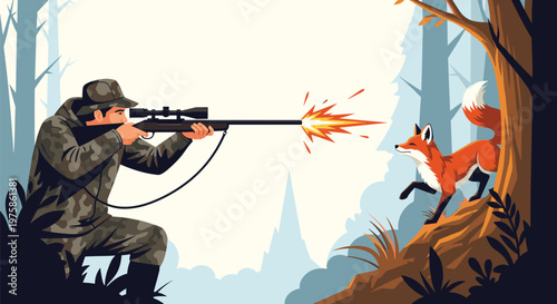 Skilled hunter in camouflage clothing aiming a scoped rifle at a fox standing near a tree in a dense forest setting.