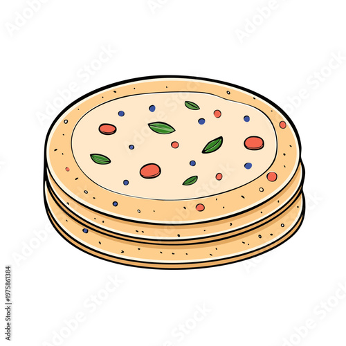Stack of Flatbreads with Colorful Toppings Hand Drawn Illustration