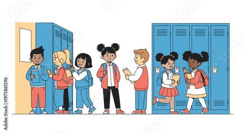 Group of diverse high school students talking and laughing together near their lockers in a brightly lit hallway.