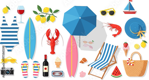 Vibrant collection of summer beach vacation essentials and holiday items on a clean white background.