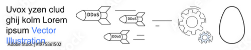 Cybersecurity, DDoS attacks, network protection, system vulnerabilities, digital security concepts, IT threats. Missiles labeled DDoS with a gear and egg icon. Cybersecurity and DDoS protection