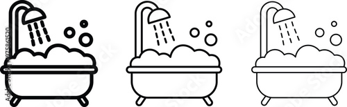 Minimalist bathtub icon set with foam and shower head, black outline bathroom symbols, set of 3 vector illustrations for spa and hygiene