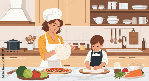 Happy mother and her young son enjoy quality time together while preparing a delicious homemade pizza with fresh vegetables in a kitchen.