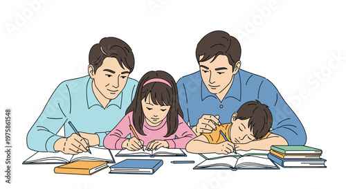 Two supportive fathers assist their young son and daughter with their school homework at a desk filled with colorful books and pencils.