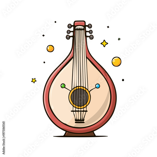 Stylized Illustration of a Ukrainian Bandura Stringed Musical Instrument with Decorative Stars